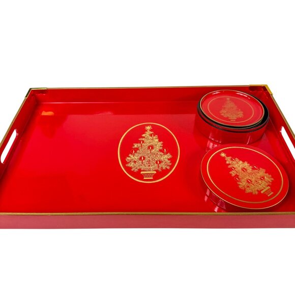 Otagiri Lacquered Red Gold Christmas Tree Tray With 6 Coasters Storage Box - Picture 2 of 6